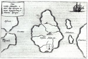 Atlantiksen kartta, teoksesta "Mundus Subterraneus", 1665-68.